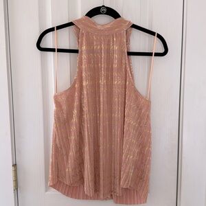 Anthropologie S blush pleated turtleneck blouse with metallic gold detailing.